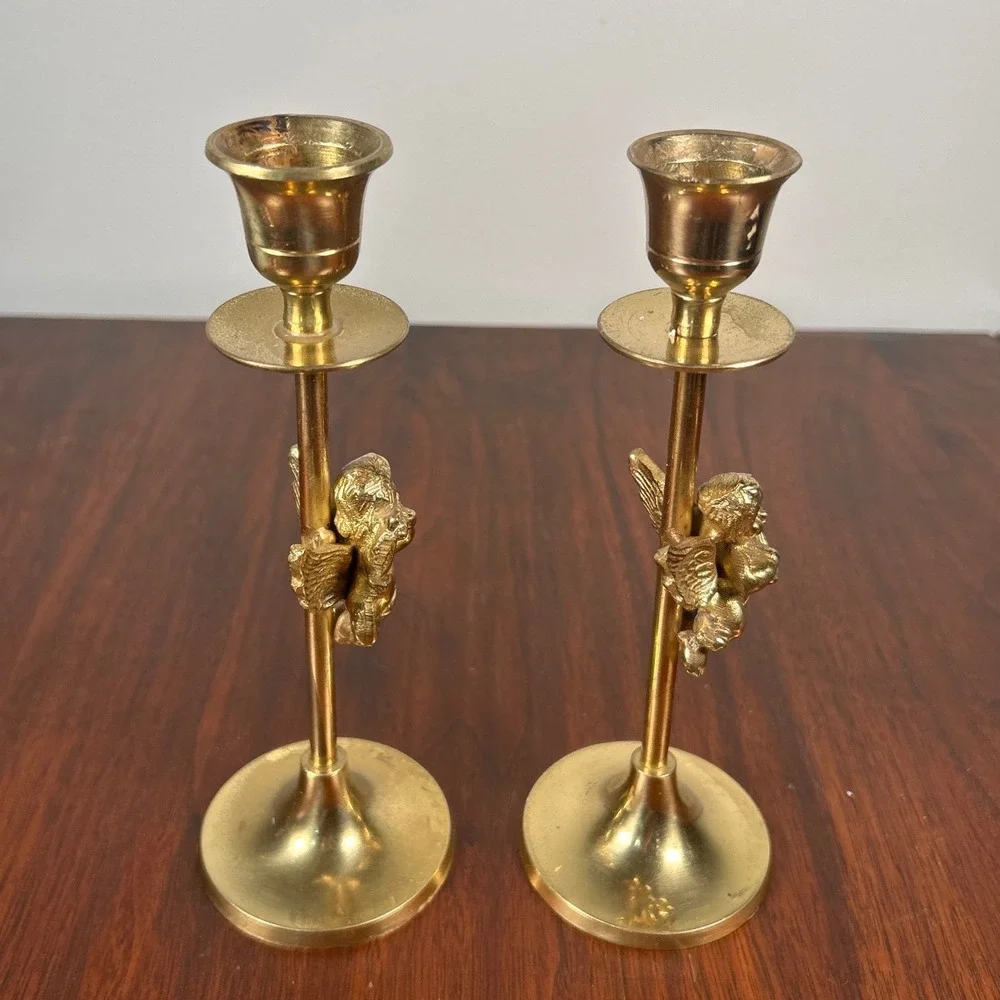 Brass Cherub Angel Candlestick Holders MCM Art Victorian Romantic India Gold TWO